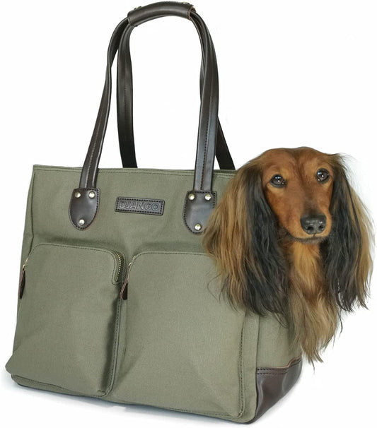 Dog Carrier Purse - Waxed Canvas and Leather Soft-Sided Pet Travel Tote with Bag-To-Harness Safety Tether & Secure Zipper Pockets 